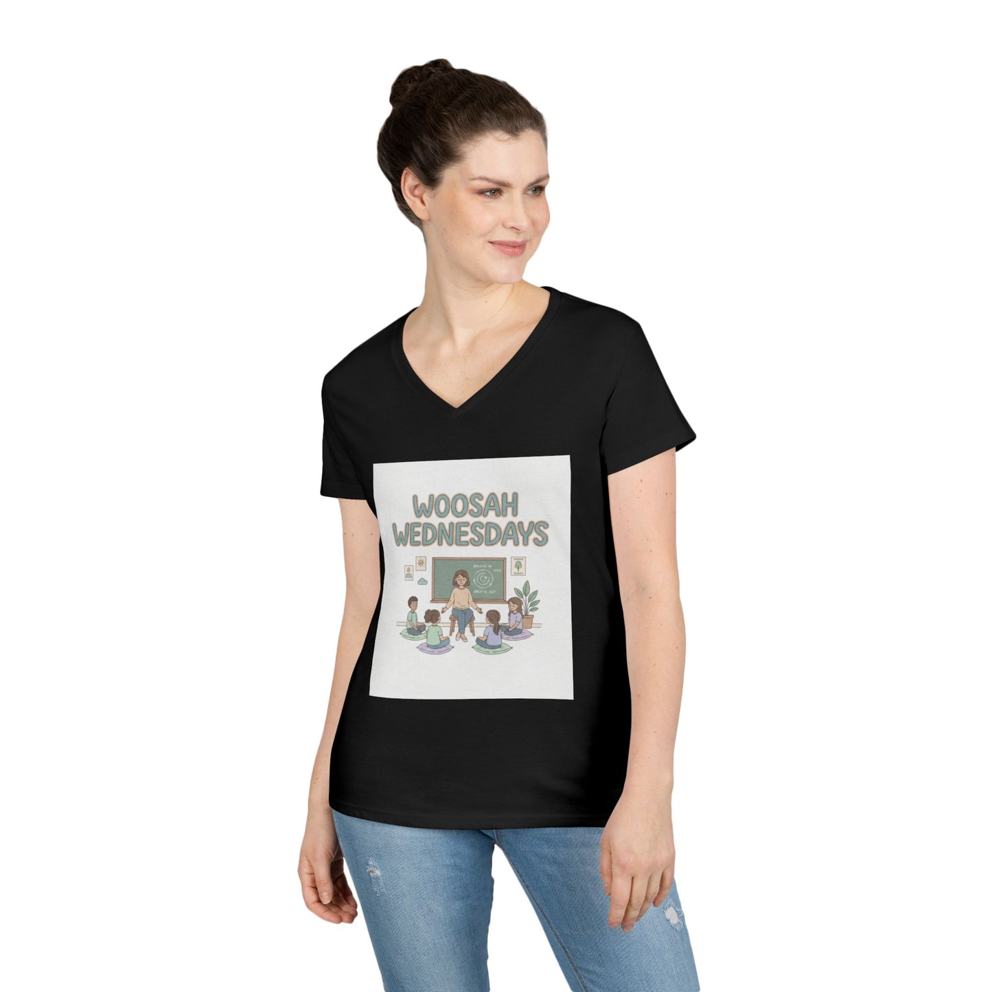Woosah Wednesdays V-Neck Tee — Women's Calm Meditation Shirt