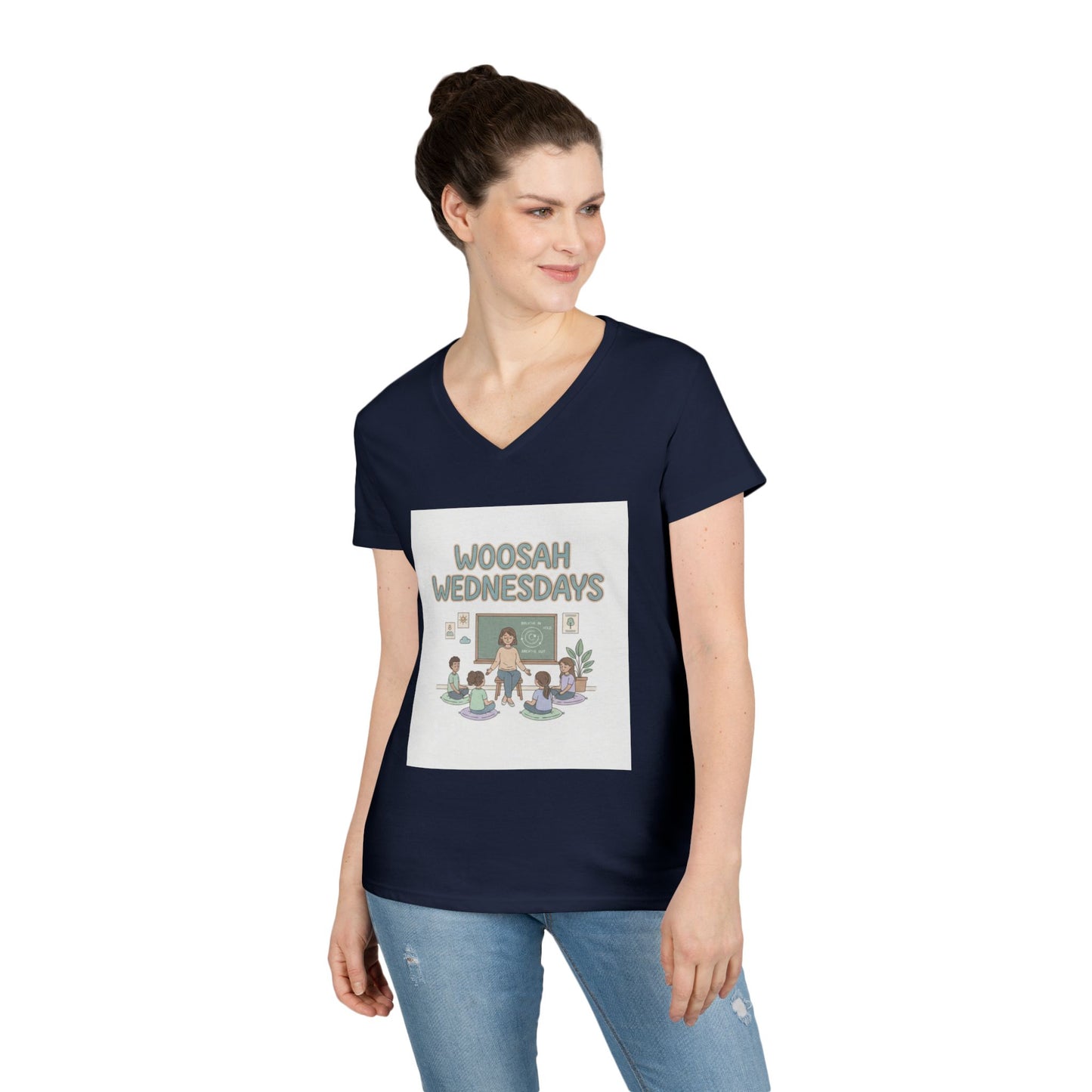 Woosah Wednesdays V-Neck Tee — Women's Calm Meditation Shirt