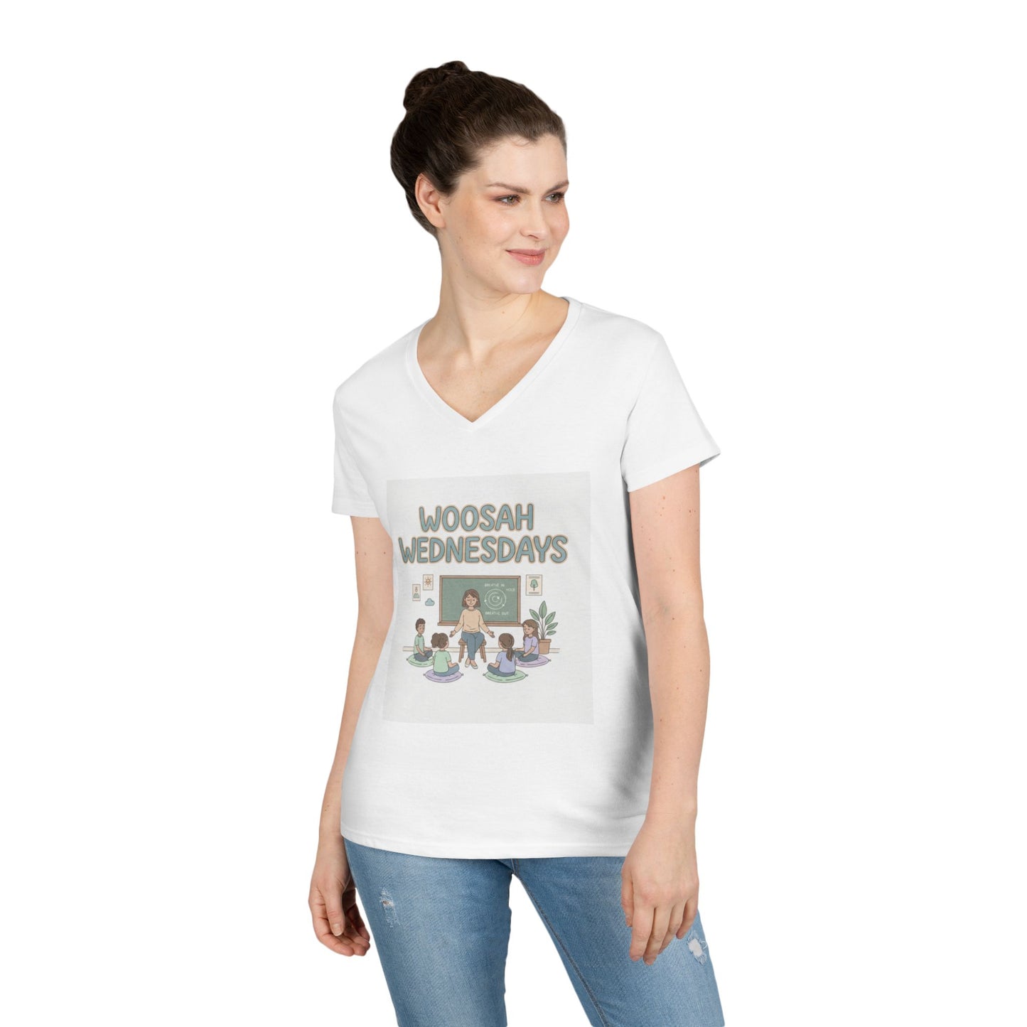 Woosah Wednesdays V-Neck Tee — Women's Calm Meditation Shirt