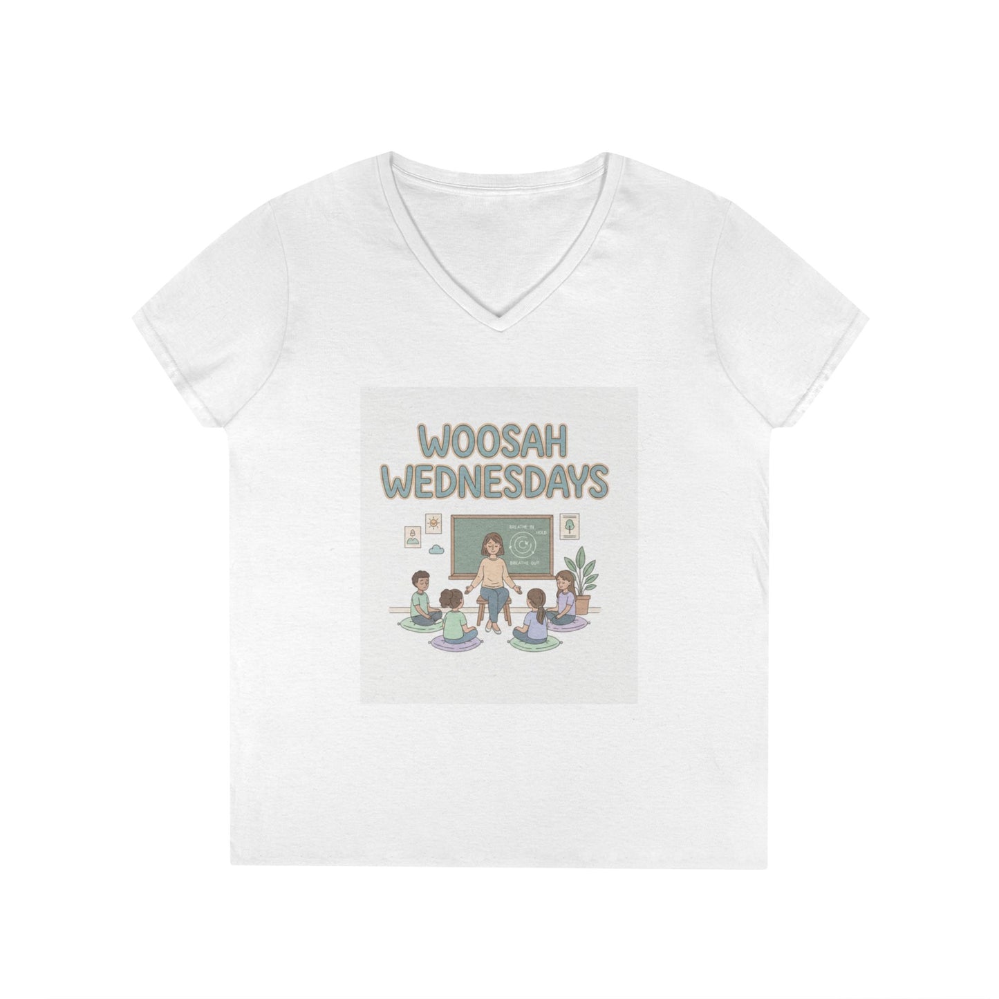 Woosah Wednesdays V-Neck Tee — Women's Calm Meditation Shirt
